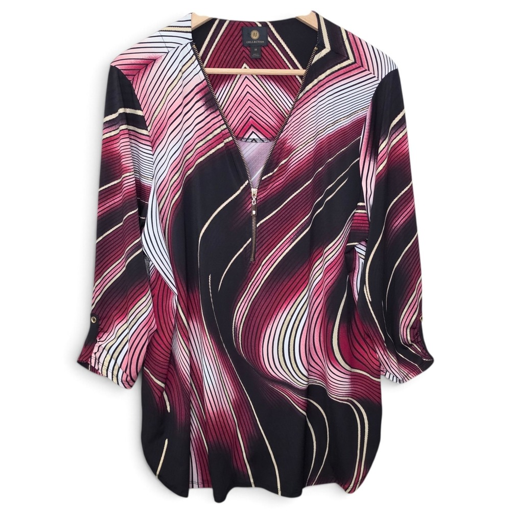 JM Collection Top Womens Plus 2X Pink Black Zip Tunic Blouse 3/4 Sleeve Casual